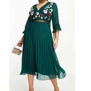 ASOS DESIGN Curve lace insert pleated midi dress with embroidery in green